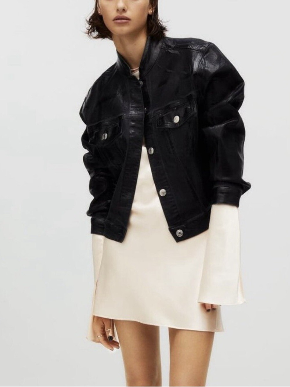 Zara x Kaia Cotton Coated Cropped Moto Bomber Jacket Black Y2K Edgy L